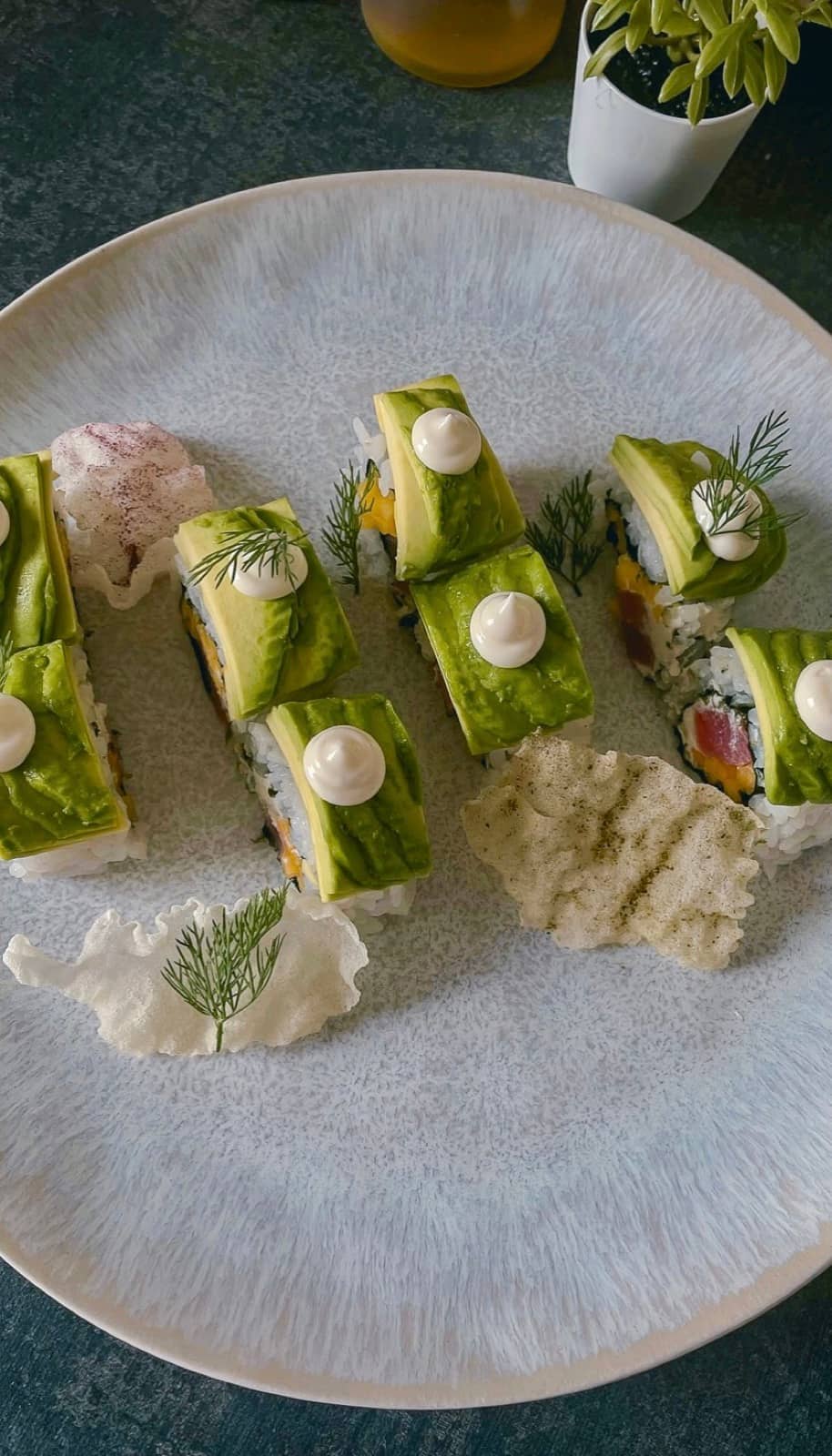 Dressed with creme fraiche, dill and prawn crackers.