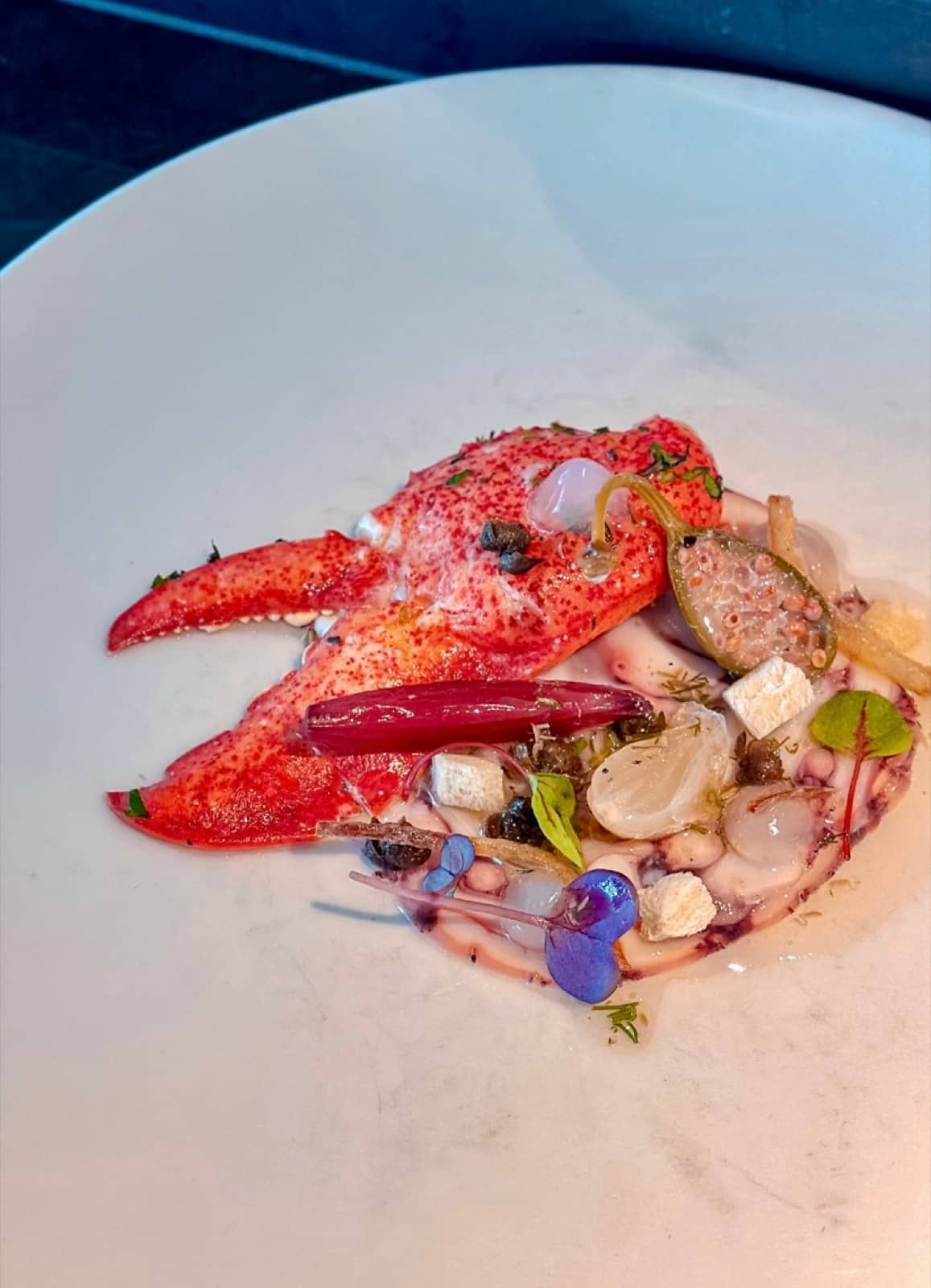 A claw, pickled onion, caperberry and a quiet white sauce.
