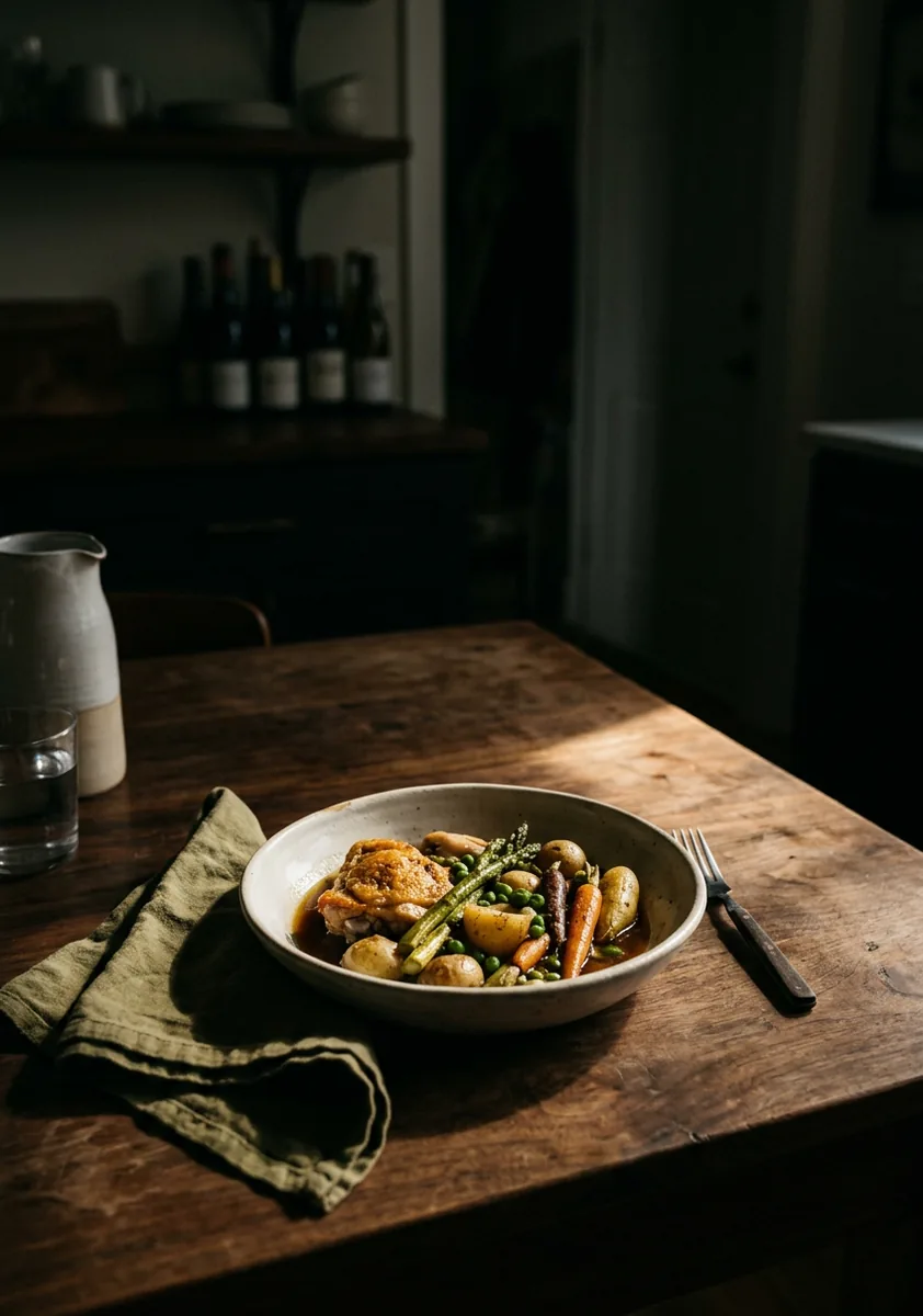 A bowl of food on a kitchen counter.