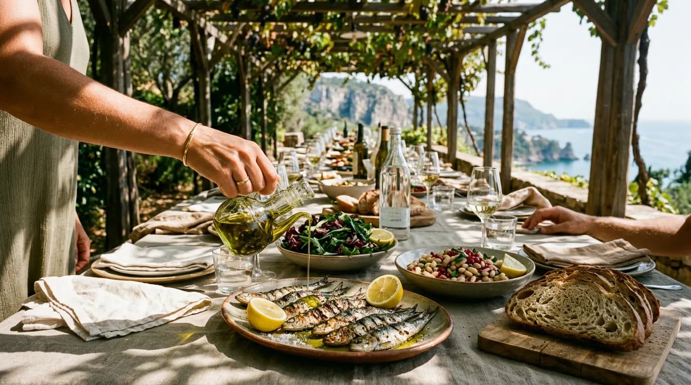 Olive oil, fish, and a long table