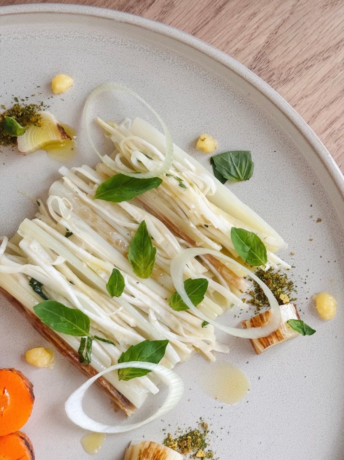 Shaved white leek, basil, a little oil.